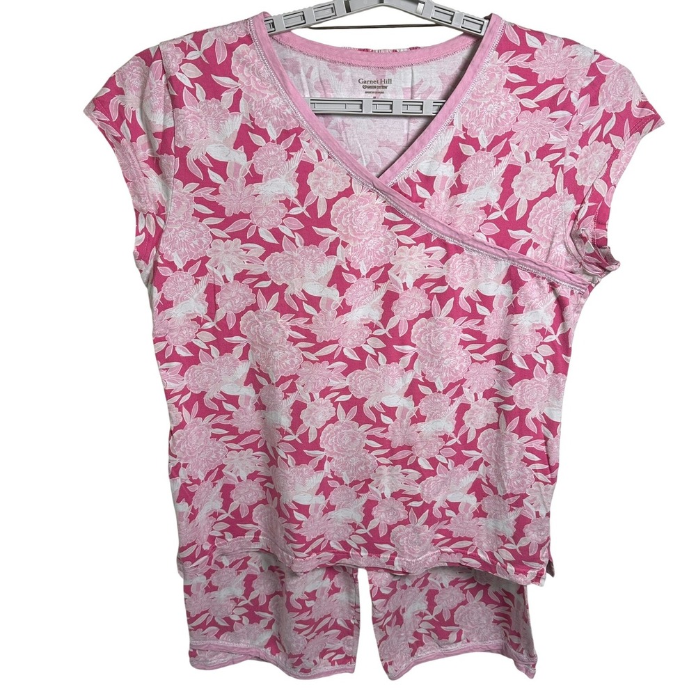 Garnet Hill Pajama Set Kimono M Pink Floral Green Cotton Surplice Top Crop Pants